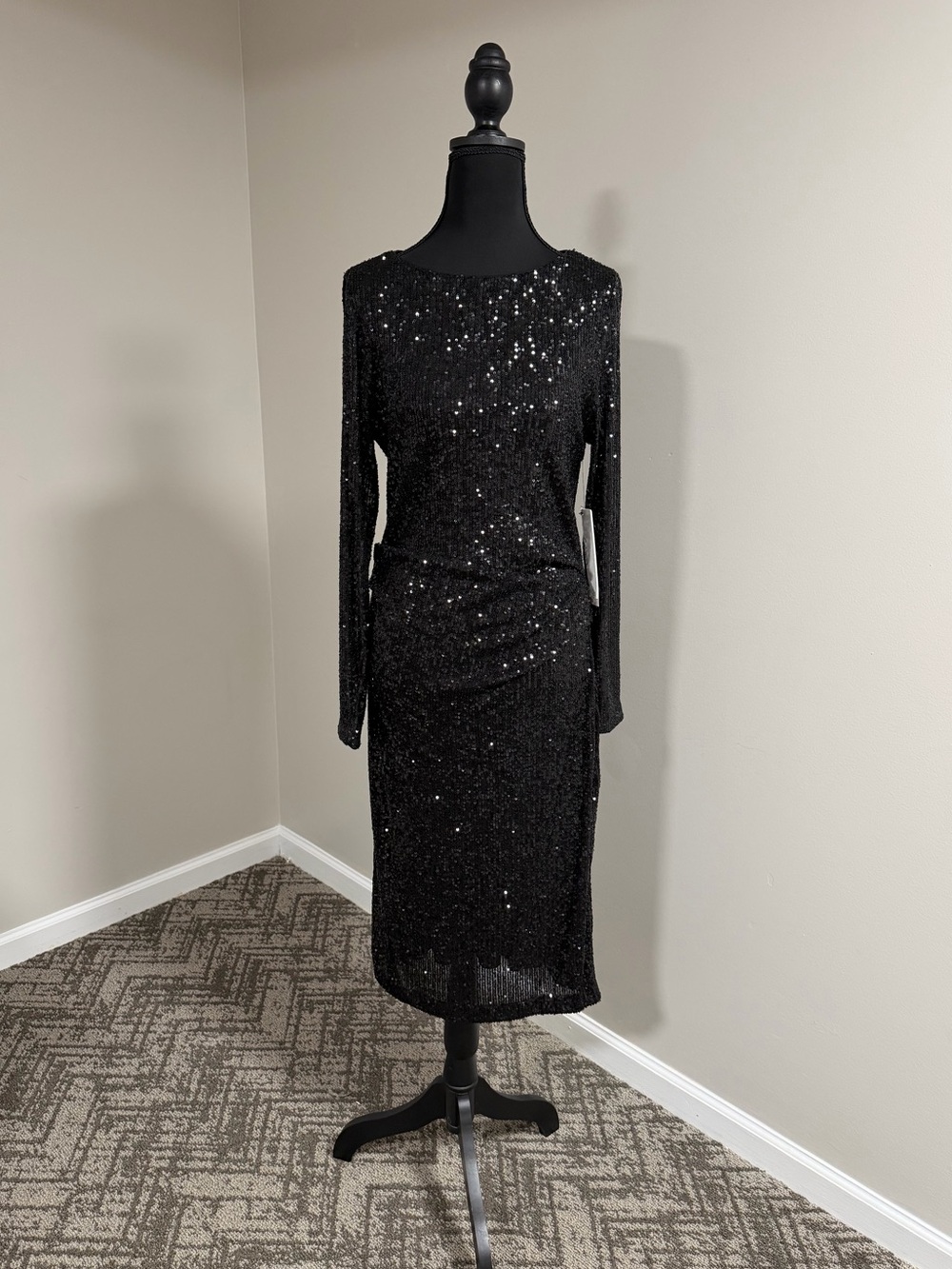 Calvin Klein Black Sequin Long Sleeve Midi Dress - Picture 5 of 15